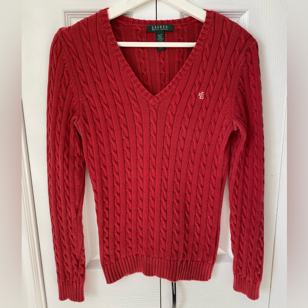 Ralph Lauren Cable Knit Red V-Neck Pullover Sweater 100% cotton Size XS